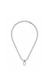 Collana in argento con maglie ovali allungate e un pendente ovale verticale con piccoli pietre incastonate su uno sfondo bianco.