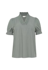 Lichtgroene blouse met een V-hals, geplooide details bij de kraag, korte puffmouwen en geplooide ruches aan de manchetten. Gemaakt van een zachte stof.