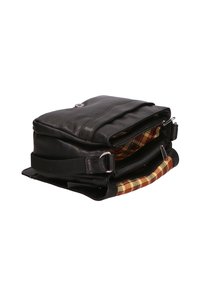 Borsa in pelle nera con manici regolabili, numerosi scomparti con zip e fodera interna a motivo tartan. Finitura liscia e design minimalista.