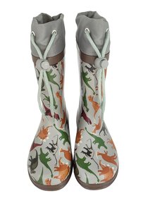 Bottes de pluie en caoutchouc avec une tige grise et des motifs de dinosaures multicolores. Dotées de cordons de serrage réglables et d'une semelle texturée.