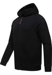 Sudadera negra con cremallera hecha de un tejido suave, que cuenta con una capucha amplia, bolsillos frontales y puños acanalados para un ajuste cómodo.
