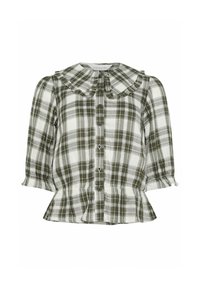 Blusa de cuadros verdes y blancos con botones, cuello con volantes, mangas de tres cuartos y bajo peplum.