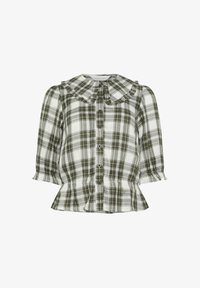 Blusa de cuadros verdes y blancos con botones, cuello con volantes, mangas de tres cuartos y bajo peplum.