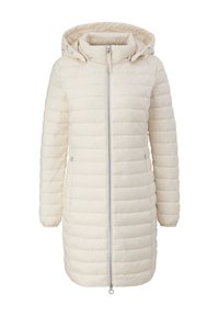 Manteau blanc matelassé avec une capuche, doté d'un zip sur le devant, de coutures verticales et de deux poches latérales. Tissu doux, longueur mi-thigh.