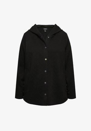 Černá kapucňová bunda s texturovaným geometrickým vzorem, předními cvoky, dlouhými rukávy a volným střihem. Měkká tkanina.