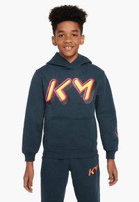 Felpa con cappuccio blu navy, dotata di tasca a marsupio frontale, caratterizzata da un audace logo "KY" in rosa e giallo, realizzata in morbido tessuto di cotone.