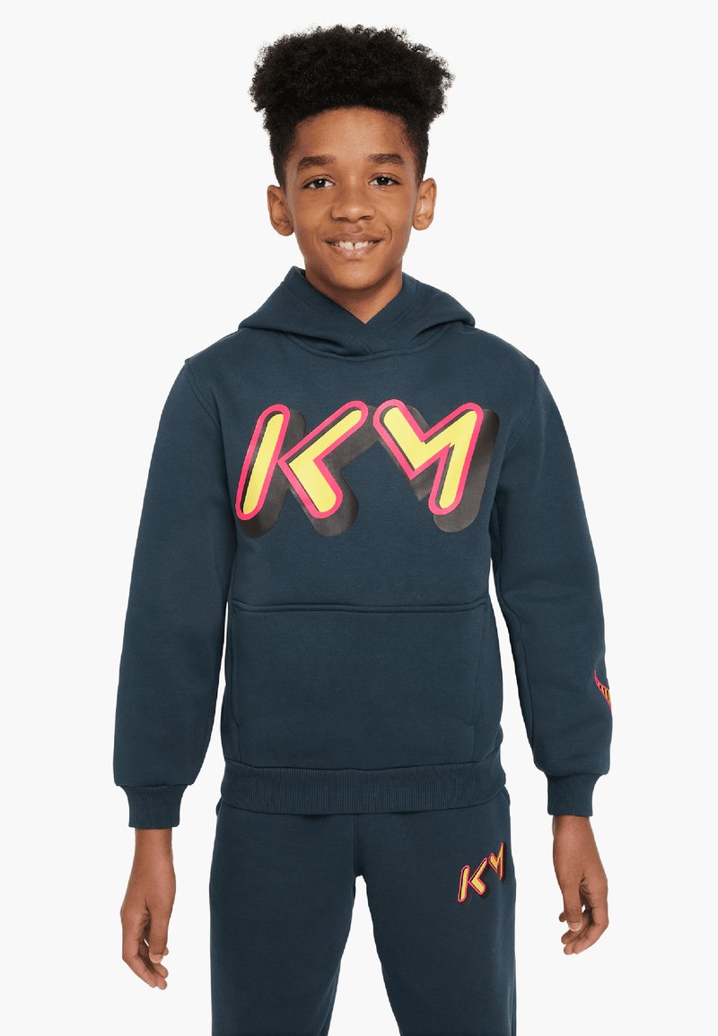 Felpa con cappuccio blu navy, dotata di tasca a marsupio frontale, caratterizzata da un audace logo "KY" in rosa e giallo, realizzata in morbido tessuto di cotone.