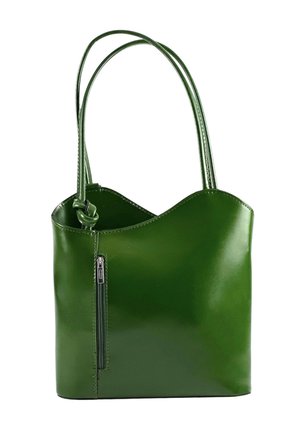 Green leather handbag with two handles, curved top edge, and vertical zip pocket on the front left side.