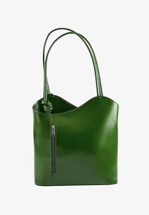 Green leather handbag with two handles, curved top edge, and vertical zip pocket on the front left side.