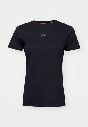T-shirt nera in cotone a maniche corte e collo rotondo. Presenta testo ricamato bianco sul davanti e un accento arancione all'interno del colletto.