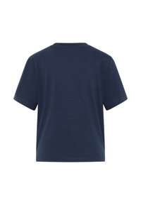 T-shirt en coton bleu marine avec un col rond, des manches courtes et une texture lisse, arborant un design uni sans motifs ni ornements visibles.