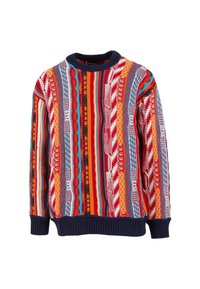 Bunt gestrickter Pullover mit vertikalen Streifen in Rot, Orange, Blau und Weiß, ausgestattet mit strukturierten Mustern sowie navyblauen gerippten Bündchen und Kragen.