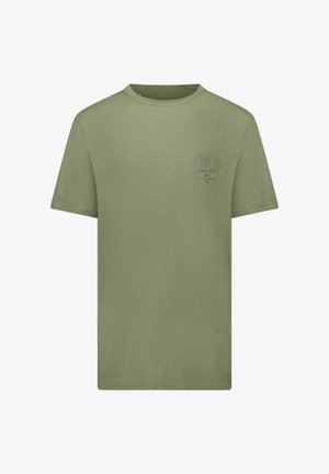 Olivengroen T-shirt met korte mouwen en een ronde hals, voorzien van subtiele tekstprint op de bovenkant van de linkerborst.