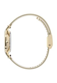Gold-toned wristwatch with a rectangular case, metal mesh band, white accents, and a textured finish. Features a round crown and clasp.