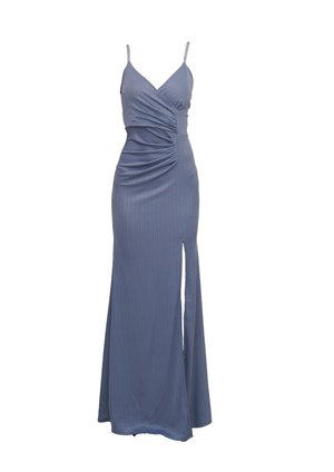 Blaues, ärmelloses Maxikleid aus geripptem Stoff, mit Wickeldesign, Raffung an der Taille und einem Seiten-Schlitz.