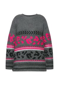 Maglione grigio con un design a motivo, caratterizzato da macchie di leopardo rosa e nere, strisce e accenti geometrici. Maniche lunghe e colletto rotondo.