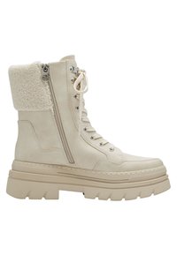Beige ankle boots with a textured fur collar, lace and zip closure, chunky sole, and stitching details. Made of soft suede-like material.