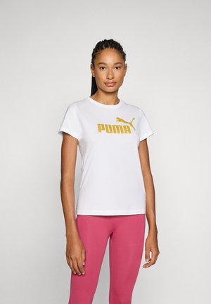 Puma LOGO  - Print T-shirt - white/metallic gold-coloured