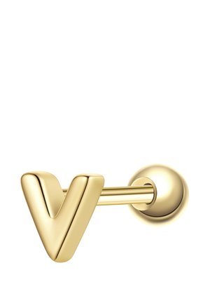 Pendiente de tachuela de metal color dorado en forma de la letra V con un poste recto y respaldo redondo.