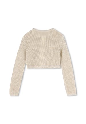 Pull court en maille crème à manches longues avec encolure ronde, vu de dos sur fond blanc.