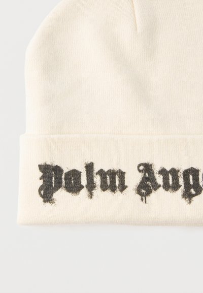 Εκρού πλεκτός σκούφος με μαύρο γοτθικό κείμενο "Palm Angels" τυπωμένο στη διπλωμένη μανσέτα.
