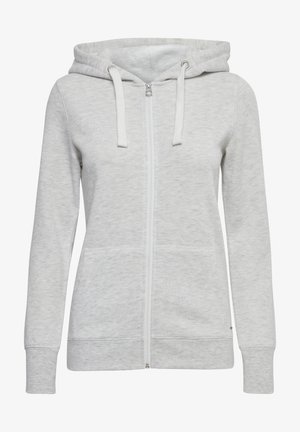 Light gray zip-up hoodie with a textured finish, a drawstring hood, and front pockets. Soft fabric and ribbed cuffs complete the design.
