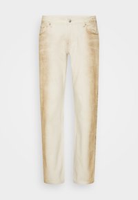 Jeans de cor bege claro com um degradê castanho desbotado. Feitos de algodão, apresentam um fecho de botão, cinco bolsos e um corte direito.