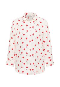 White long-sleeve shirt featuring a repeating cherry pattern in red and pink, with a classic collar and button-up front. Smooth texture.