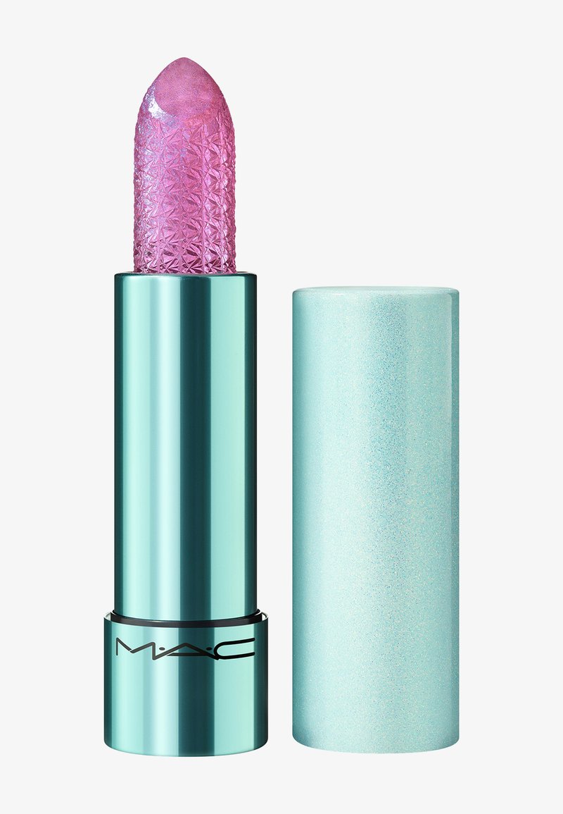 Rossetto con un proiettile rosa texturizzato e un rivestimento blu turchese lucido. Include un cappuccio liscio e luccicante per la chiusura.