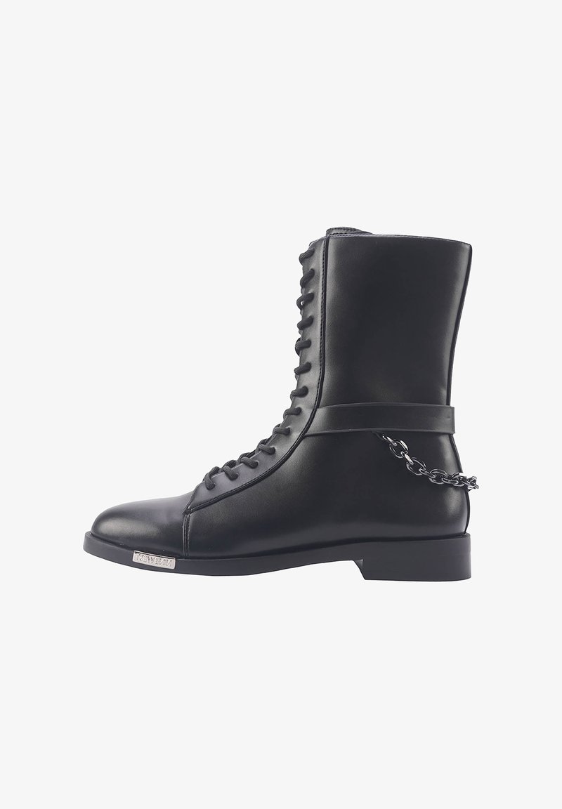 Black leather lace-up ankle boot with a square toe, featuring a decorative chain accent and a low block heel. Smooth texture throughout.