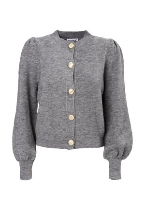 Cardigan grigio realizzato in morbido maglione, caratterizzato da un collo rotondo, maniche a palloncino e sei bottoni in tonalità oro con accenti testurizzati.