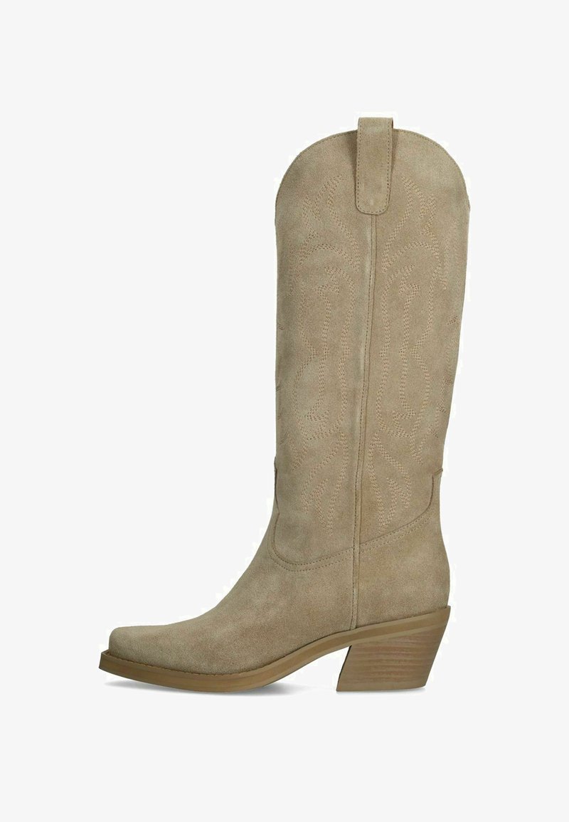 Botte cowboy en suède beige avec broderies décoratives, tirant, orteil pointu et talon en bois incliné.