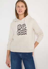 Sweat à capuche beige clair avec cordon de serrage, orné d'un motif imprimé noir « sea ». Confectionné en tissu doux avec poignets et ourlet côtelés.