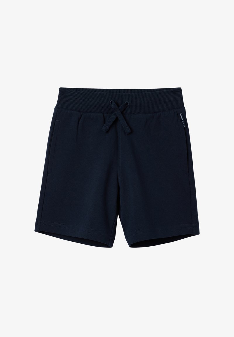 Marineblauwe shorts van zachte stof, voorzien van een elastische tailleband met trekkoord, zijzakken en een relaxte pasvorm.