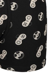 Czarne bokserki z powtarzającym się wzorem beżowych kontrolerów gier i kółek kierowniczych, wykonane z miękkiego, elastycznego materiału bawełnianego.