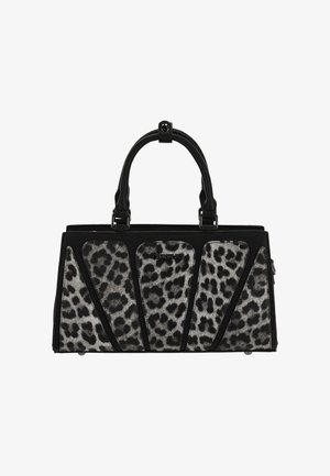 Schwarze und graue Leopardenmuster-Handtasche mit strukturiertem Design, zwei Griffen und silbernen Beschlägen. Besteht aus glatten und strukturierten Materialpaneelen.