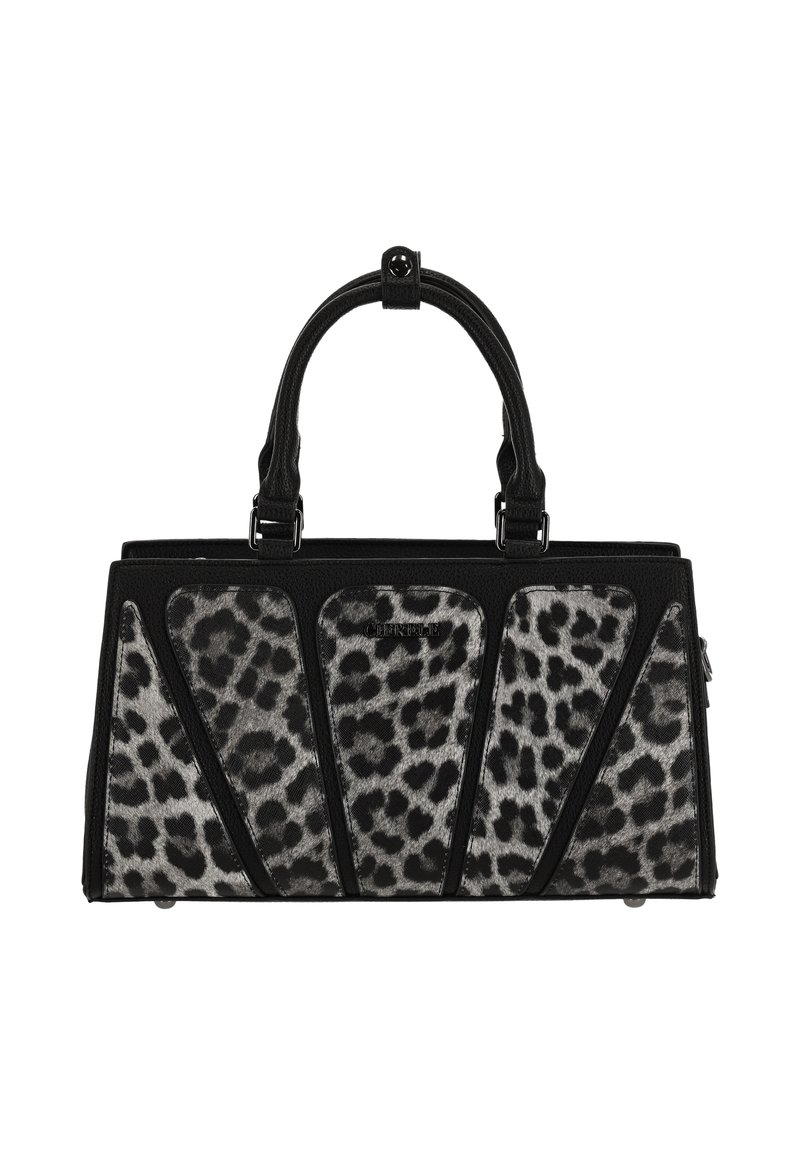 Borsa a tracolla con stampa leopardata nera e grigia, design strutturato, doppi manici e dettagli in metallo argentato. Caratterizzata da pannelli in materiali lisci e texturizzati.