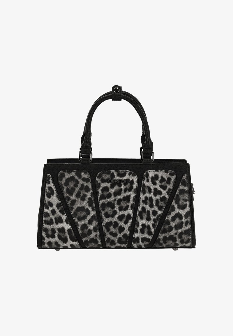 Borsa a tracolla con stampa leopardata nera e grigia, design strutturato, doppi manici e dettagli in metallo argentato. Caratterizzata da pannelli in materiali lisci e texturizzati.