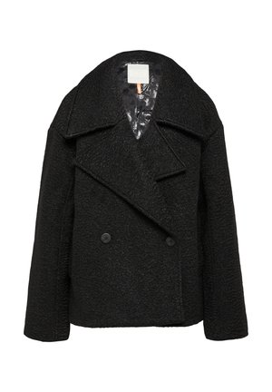 Manteau peacoat en laine mélangée noire texturée présentant un large col, une fermeture à boutons double boutonnage et une doublure intérieure en satin.