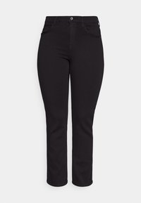 Calças de ganga pretas com um design de perna reta, estilo de cinco bolsos e fecho de botão de metal, apresentando uma textura suave e cor uniforme.