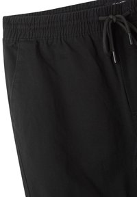 Pantaloni neri con cintura elastica e cordino regolabile, texture liscia, tasche laterali e vestibilità comoda.