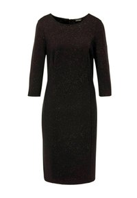 Robe noire mi-longue avec des manches trois-quarts. Tissu lisse avec des paillettes subtiles, décolleté rond et design ajusté.