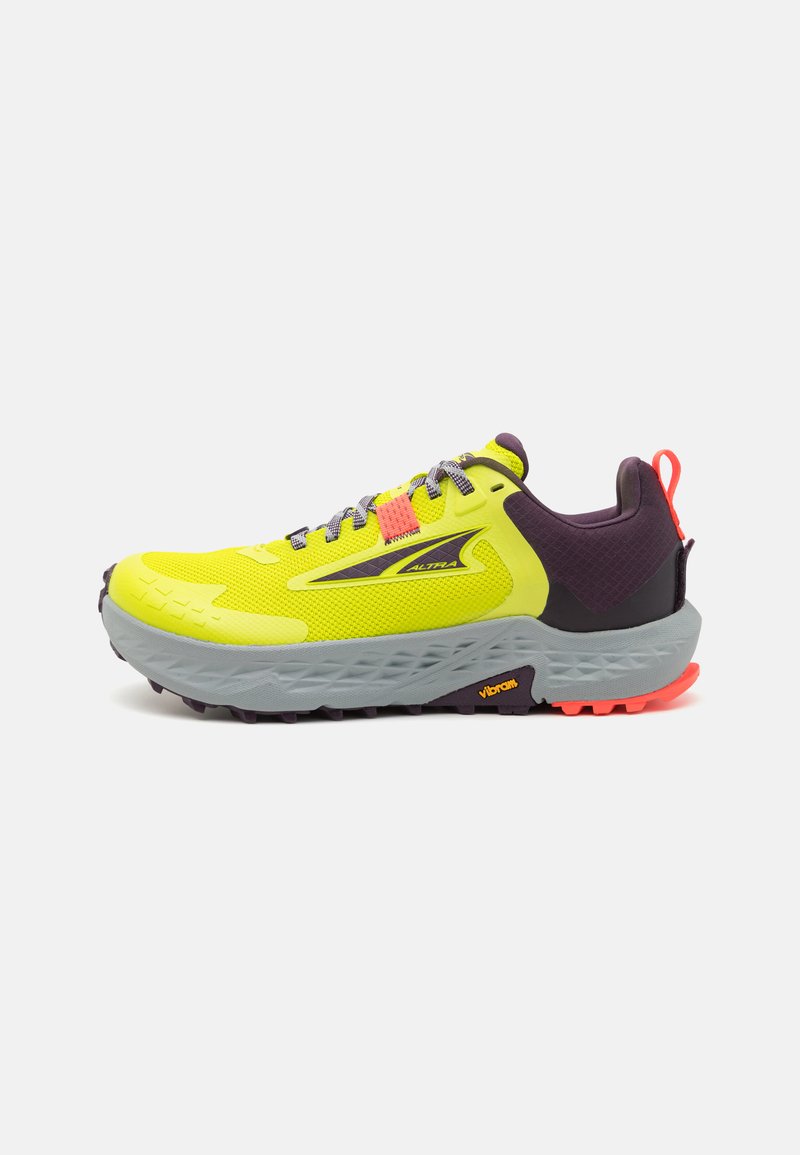 Neon yellow trail running shoes with purple accents, grey sole, and textured grip. Features a padded collar and reflective laces.