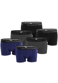 Six pairs of men's boxer briefs in black, gray, and navy blue with black elastic waistbands labeled "Vincent Creation."