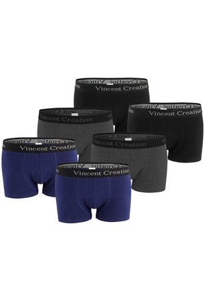Six paires de boxers en bleu marine, gris et noir, avec une taille élastique de marque portant le texte "Vincent Creation". Fini en tissu lisse.