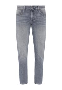 Lichtgrijze denim jeans met een lichte vervaging, vijf-pocket ontwerp, rechte pasvorm en metalen knoopsluiting, met subtiele stikseldetails.