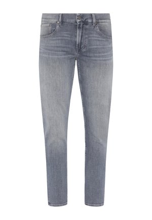 Lichtgrijze denim jeans met een lichte vervaging, vijf-pocket ontwerp, rechte pasvorm en metalen knoopsluiting, met subtiele stikseldetails.
