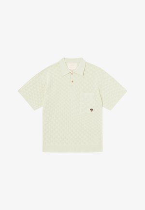 Pleteni polo majica s kratkimi rokavi v mehki mint zeleni barvi z odprto vzorcem, ki ima ovratnik, dva gumba in našit žepek z logotipom drevesa.