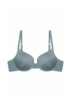 Formowany biustonosz w stonowanym niebieskim kolorze, z gładkiego materiału, z regulowanymi cienkimi ramiączkami i bezszwowym wzorem, z klasyczną konstrukcją z fiszbinami.