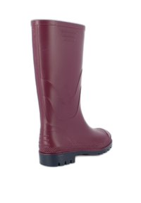 Bordeaux rubberen regenlaars met een gestructureerde zool, een gladde afwerking en een iets verhoogde hak. Bevat schuin lopende accenten op de schacht voor extra design.